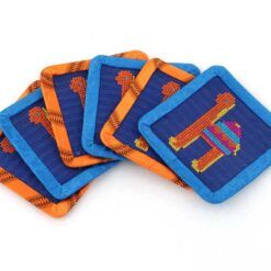 Handmade embroidered square 4 pcs "Camel" coasters set, blue and orange