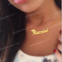 Necklace with custom made name in Arabic or English and a small crown.