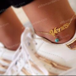 Ankle bracelet with custom made name in Arabic or English and a small turquoise pendant.